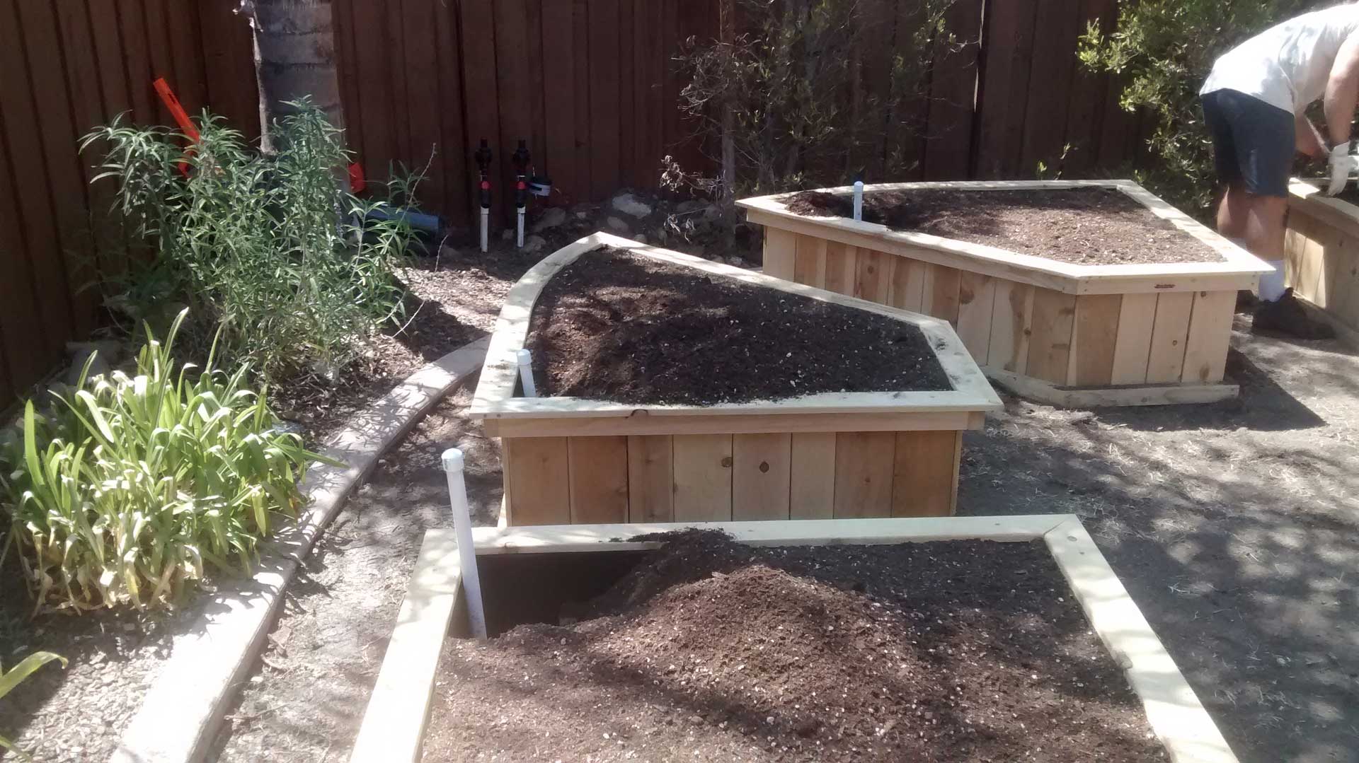 A man is working on a raised garden bed in a backyard.