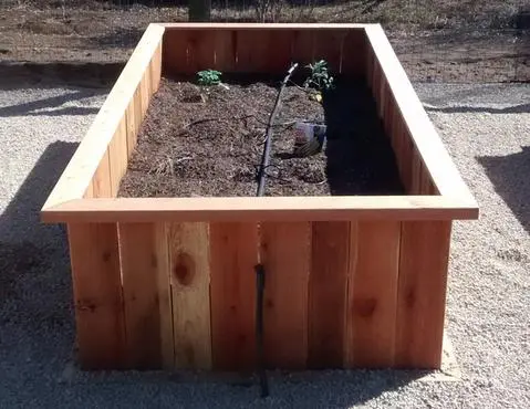 A wooden raised garden bed with a hose attached.