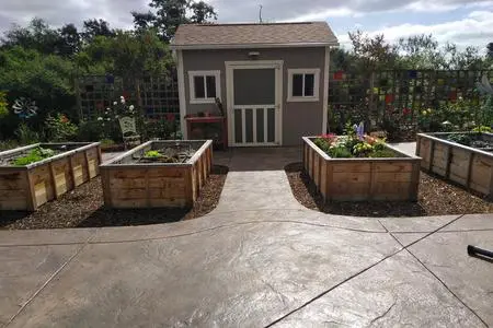 A garden with raised beds in front of a house.