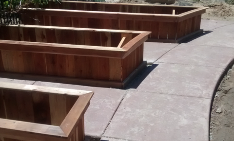 A wooden raised garden bed is sitting on a concrete sidewalk.